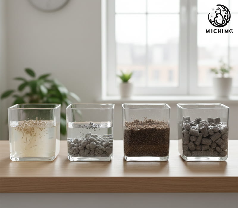 So sánh cát đậu nành với các loại cát mèo khác khi gặp nước