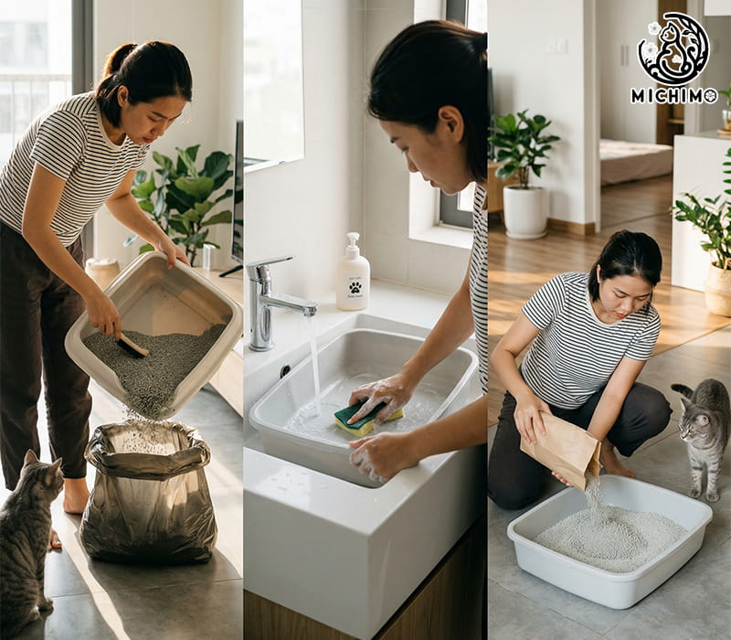 Các bước thay cát mèo sạch sẽ