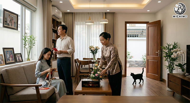 Mèo vào nhà khi gia đình đang có việc hệ trọng