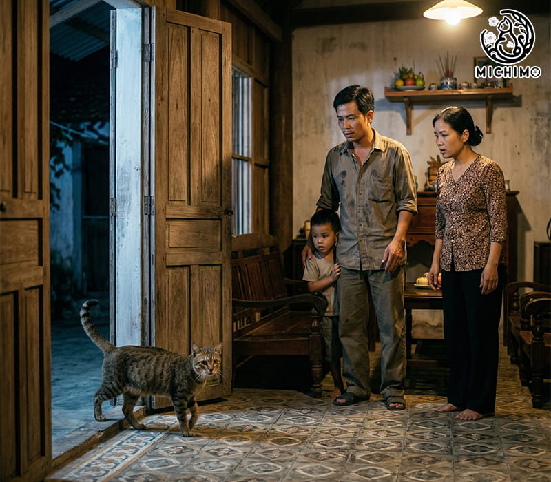 Mèo mướp vào nhà ban đêm