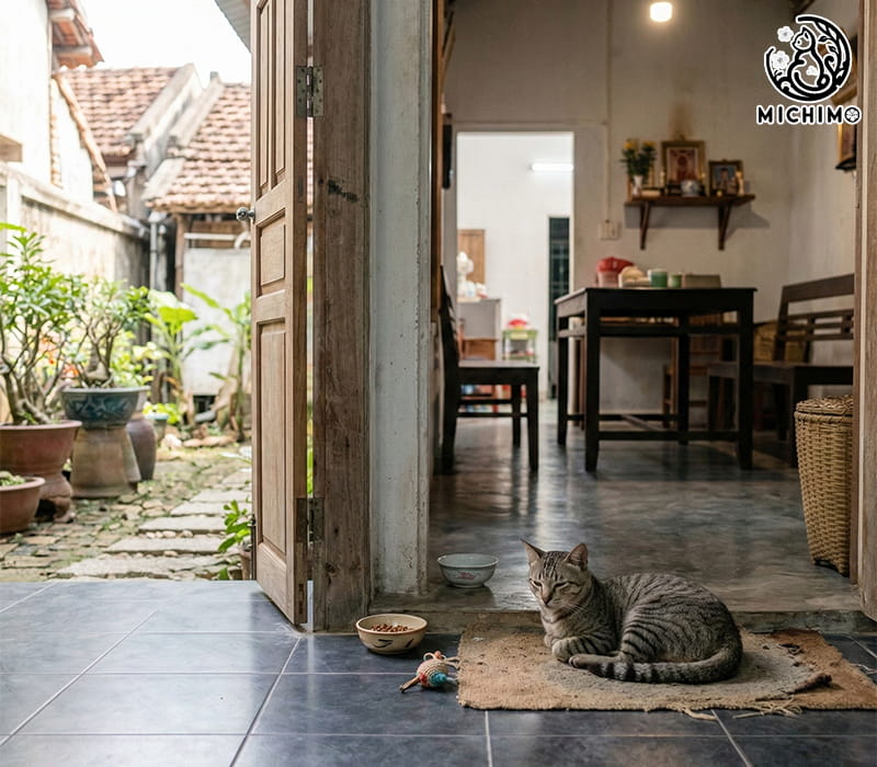 Mèo xám vào nhà rồi ở lại không đi