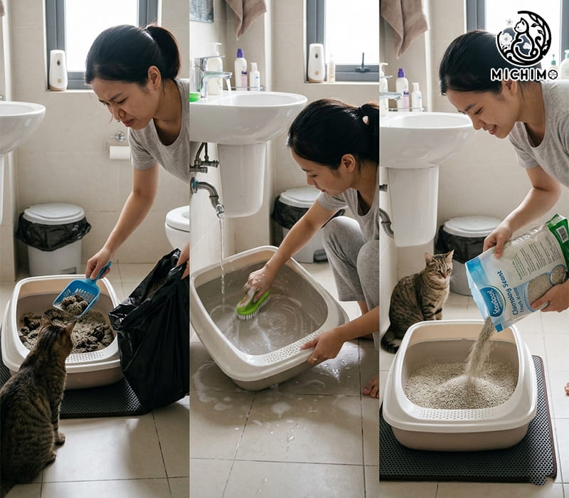 Các bước vệ sinh khay cát mèo chi tiết