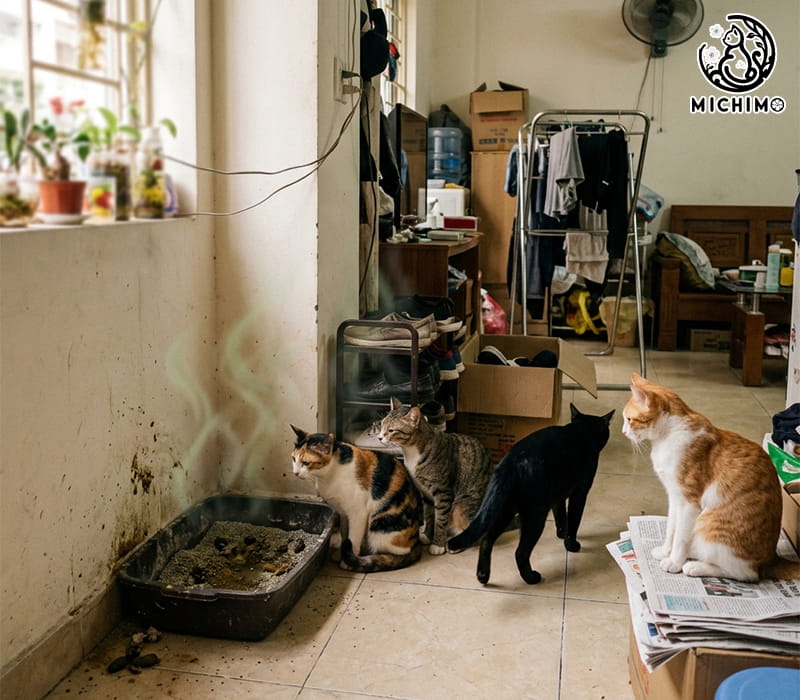 Số lượng mèo nhiều nhưng khay ít