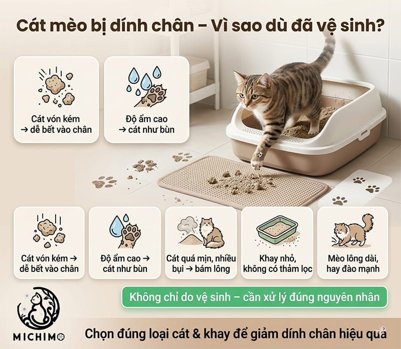 Vì sao cát mèo cứ dính vào chân dù đã vệ sinh?