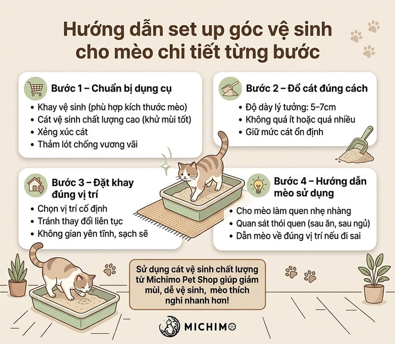 Hướng dẫn set up góc vệ sinh cho mèo chi tiết từng bước