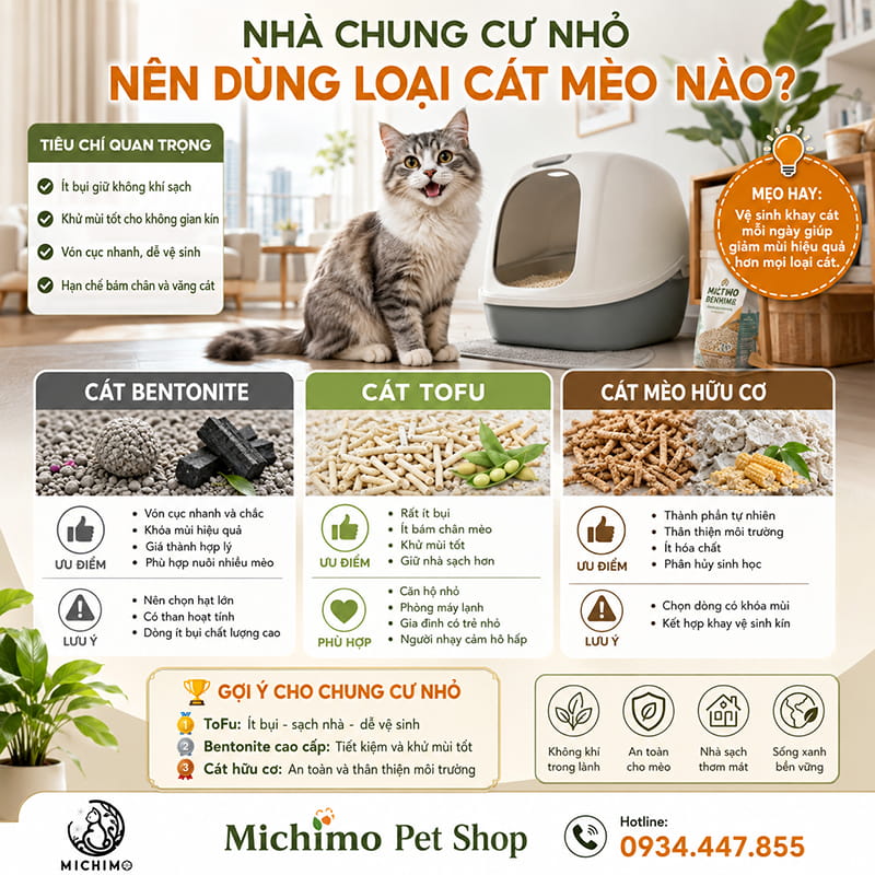 Nhà chung cư nhỏ nên dùng loại cát mèo nào?
