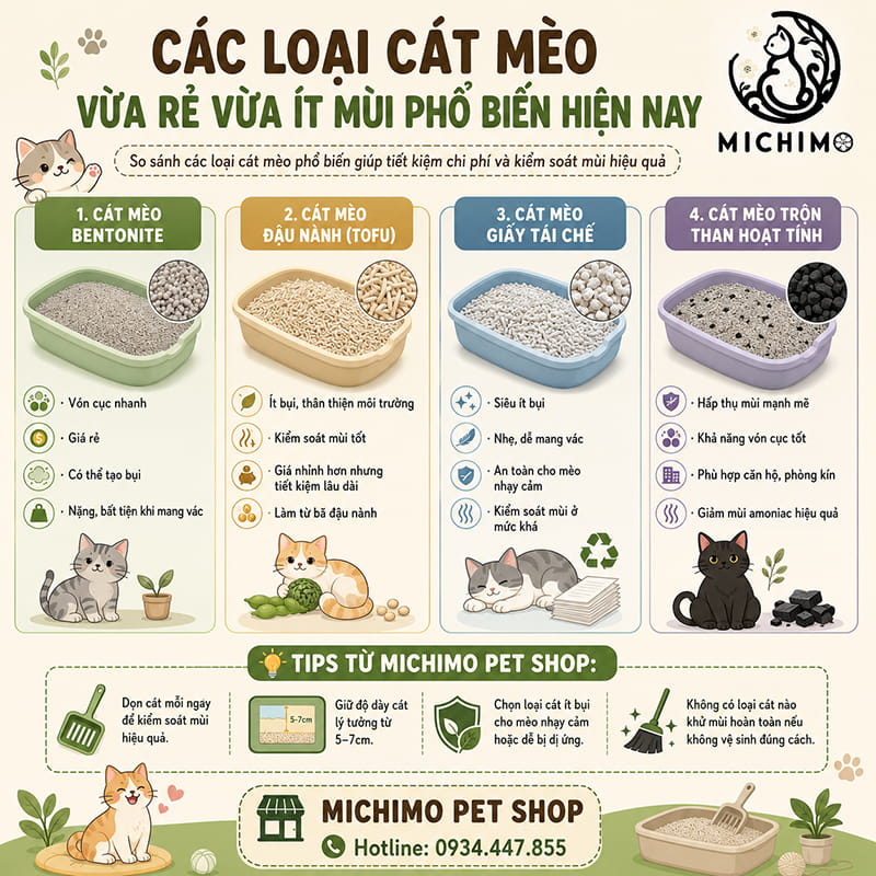 Các loại cát mèo vừa rẻ vừa ít mùi phổ biến hiện nay