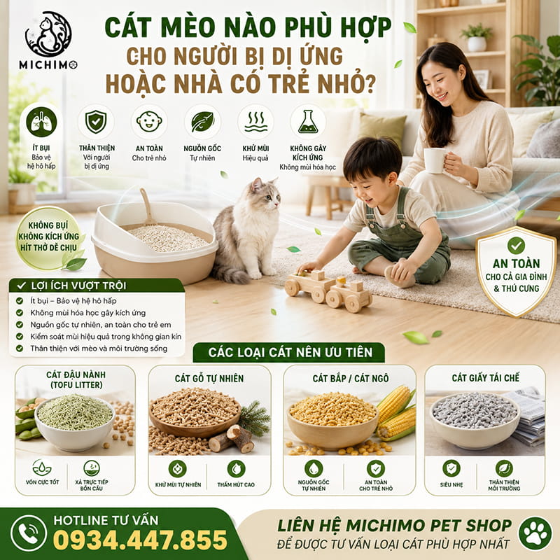 Cát mèo nào phù hợp cho người bị dị ứng hoặc nhà có trẻ nhỏ?