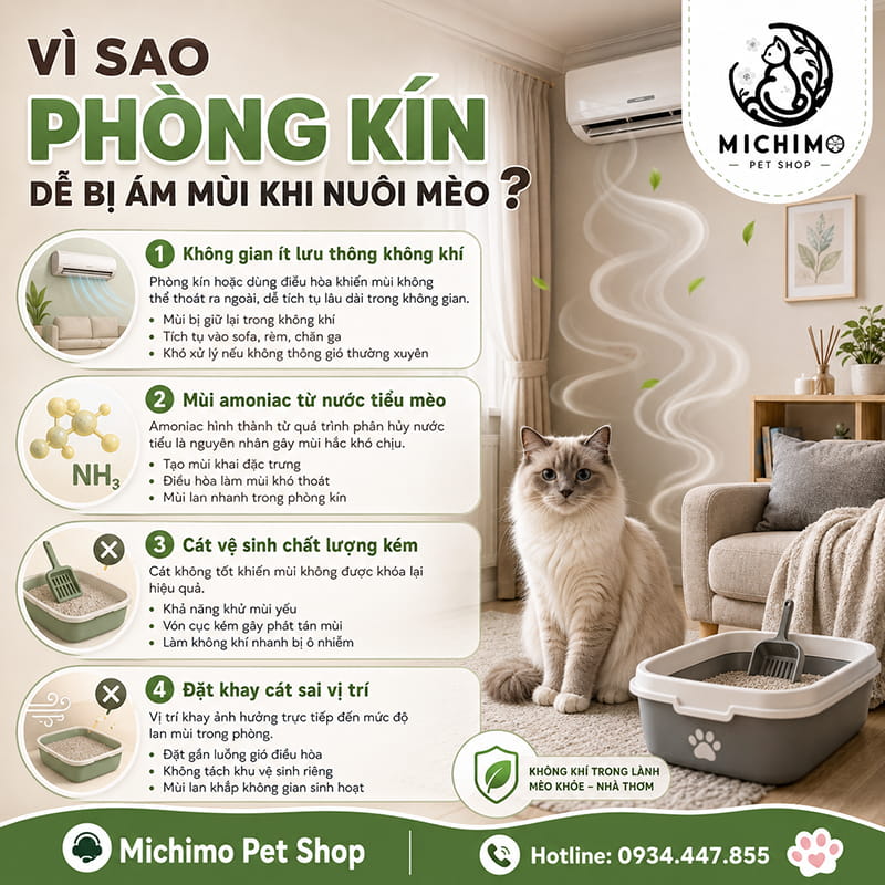 Vì sao phòng kín dễ bị ám mùi khi nuôi mèo?