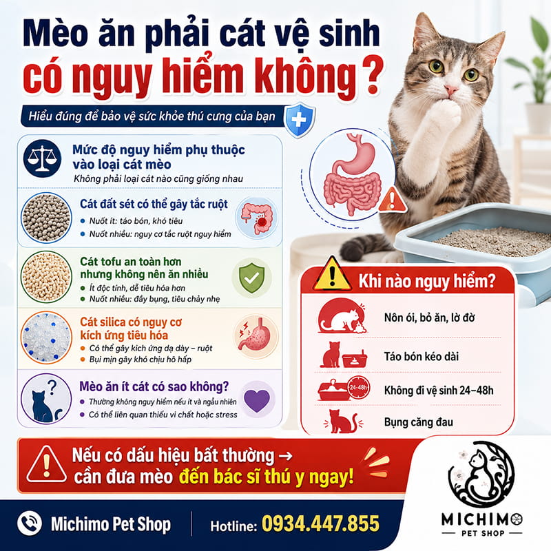 Mèo ăn phải cát vệ sinh có nguy hiểm không?