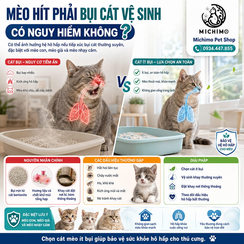 Mèo hít phải bụi cát vệ sinh có nguy hiểm không?