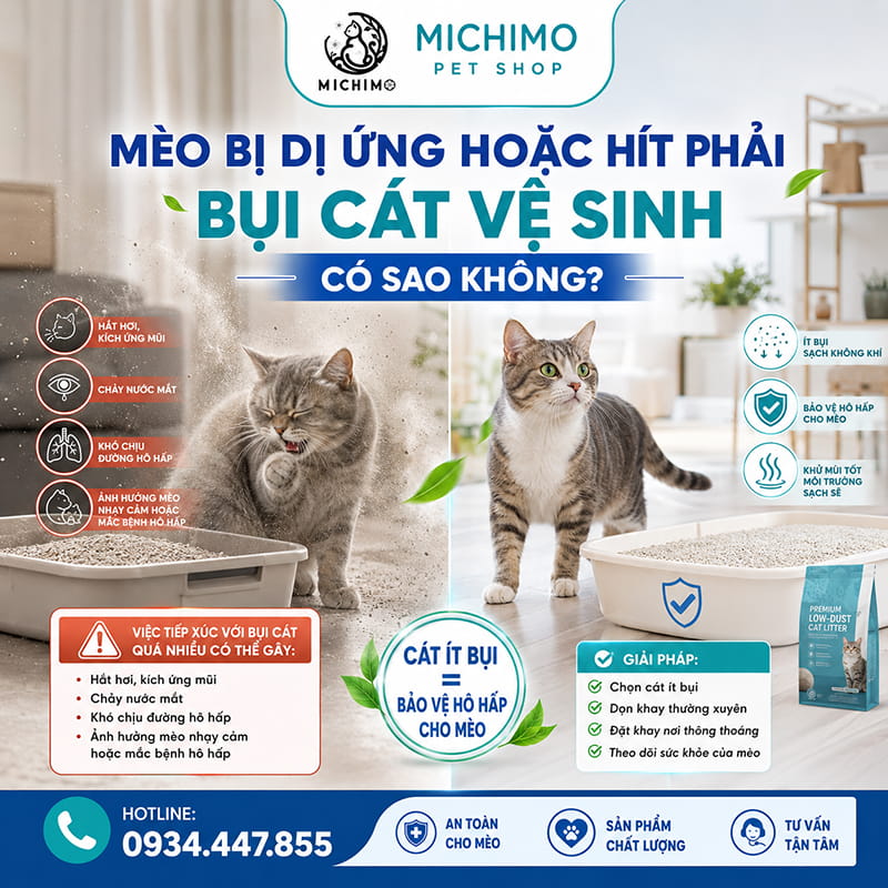 Mèo bị dị ưng hoặc hít phải bụi cát vệ sinh có sao không?